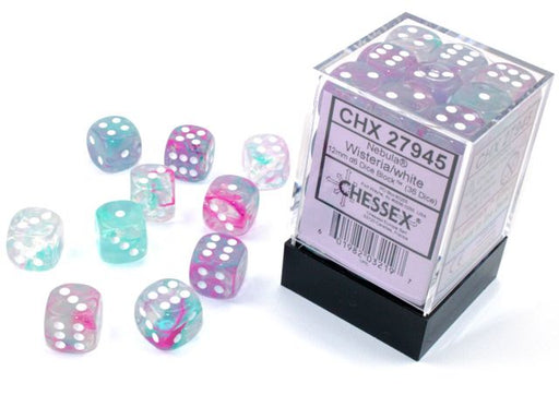 Chessex 27945 Nebula 12mm d6 Wisteria/white Luminary Dice Block (36 dice) (9003744264429)