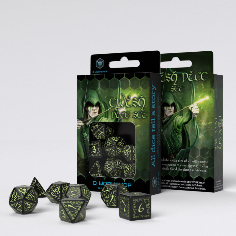 Q Workshop SELV04 Elvish Black & glow-in-the-dark Dice Set (9003919540461)