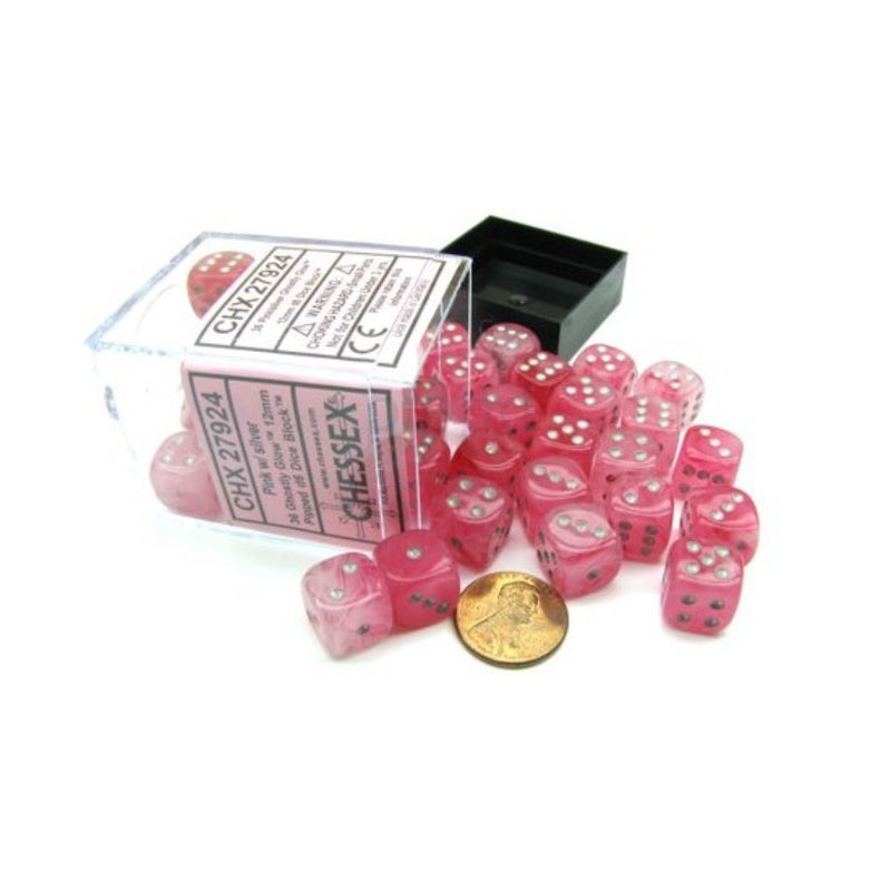 Chessex 27924 Ghostly Glow 12mm d6 Pink/silver Dice Block (36 dice) (9003741053165)