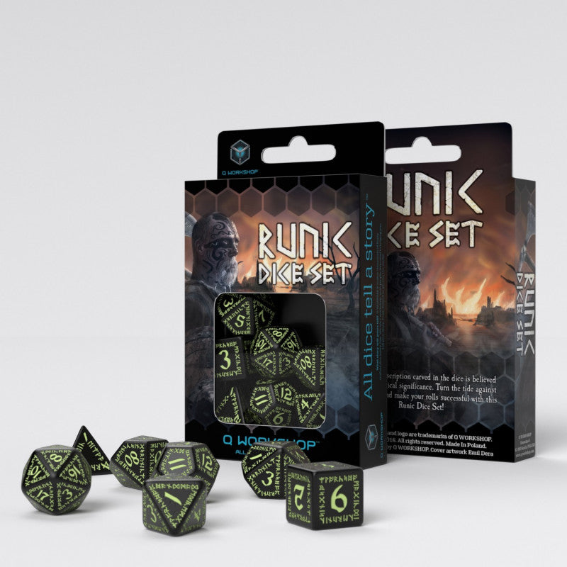 Q Workshop SRUN03 Runic Black & glow-in-the-dark Dice Set (9003912331501)