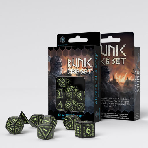Q Workshop SRUN03 Runic Black & glow-in-the-dark Dice Set (9003912331501)