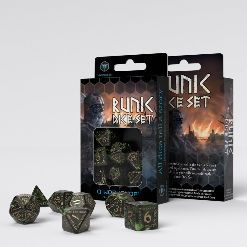 Q Workshop SRUN05 Runic Bottle-green & gold Dice Set (9003914264813)