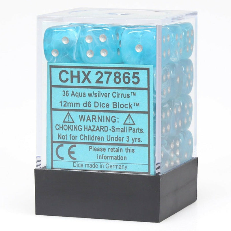 Chessex 27865 Cirrus 12mm d6 Aqua/silver Dice Block (36 dice) (9003740332269)