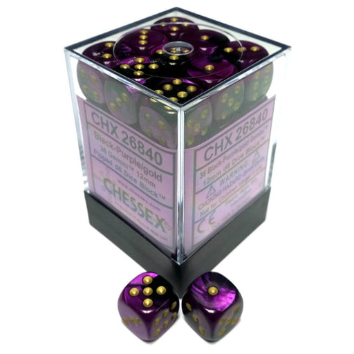 Chessex 26840 Gemini 12mm d6 Black-Purple/gold Dice Block (36 dice) (9003729223917)