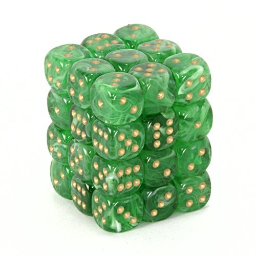 Chessex 27835 Vortex 12mm d6 Green/gold Dice Block (36 dice) (9003739775213)