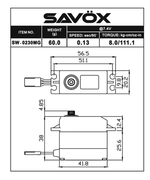 Savox SW-0230MG HV STD size Waterproof 8kg/cm, Digital Servo, 0.13sec, 7.4V, 60g, 41.8x20.2x38.0mm (8319184470253)